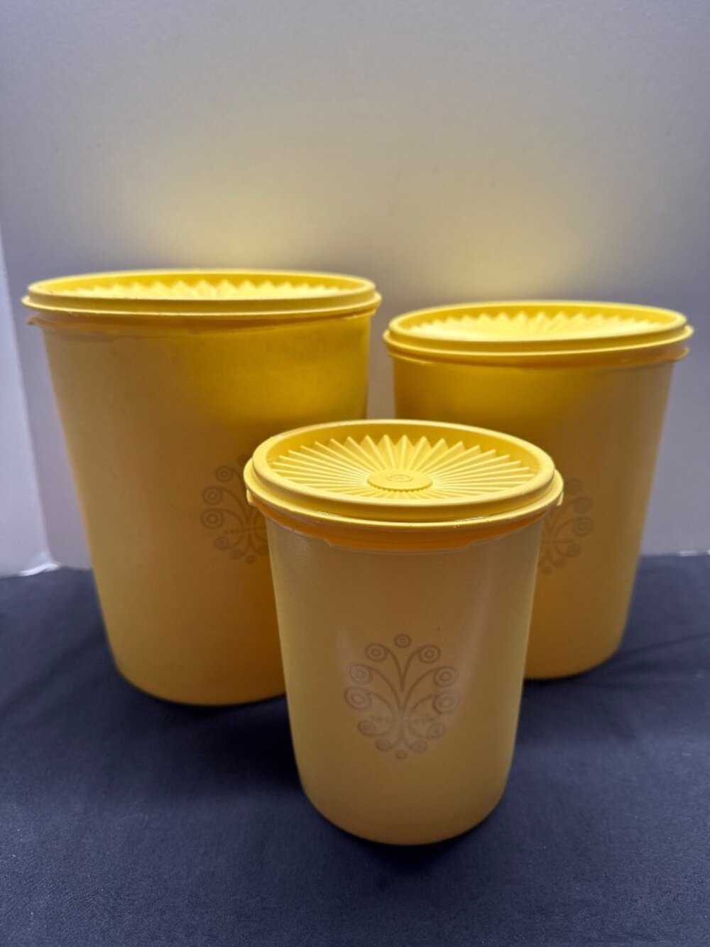 Vintage Tupperware Canister Set of 3 Yellow With Lids & Decorative Print